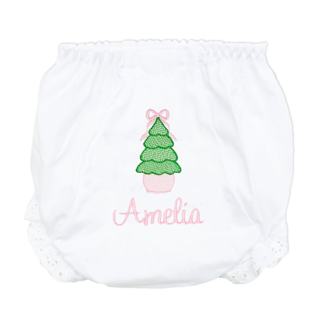 Preppy holiday bloomers with embroidered monogram, perfect for Christmas outfits