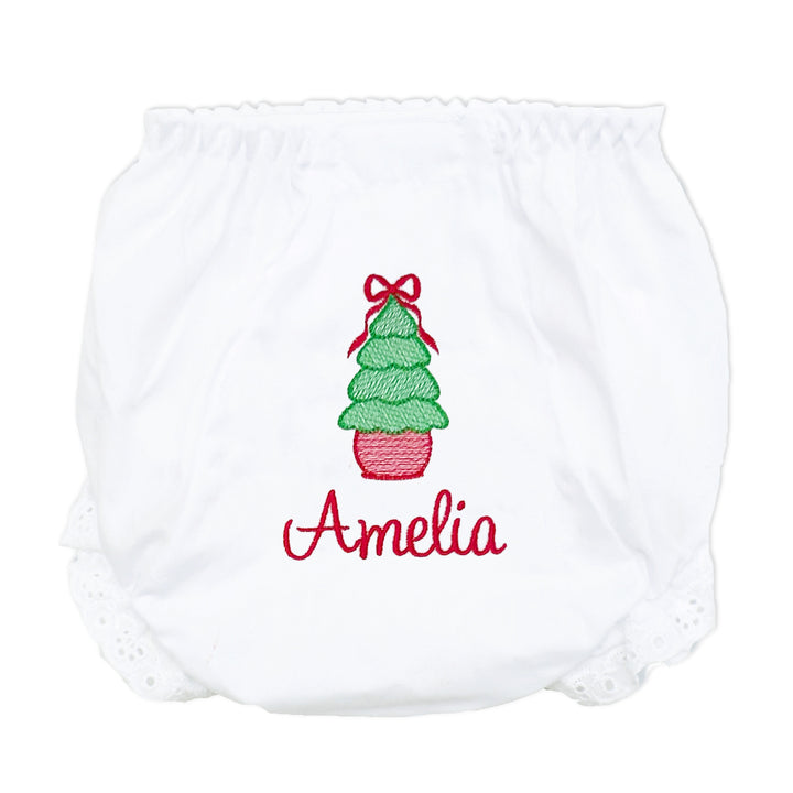 Classic Christmas tree bloomers, ideal for holiday photos and personalized with a monogram.