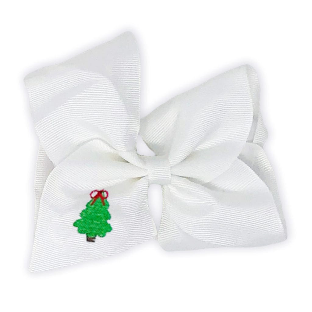 White Hair Bow with Embroidered Christmas Tree