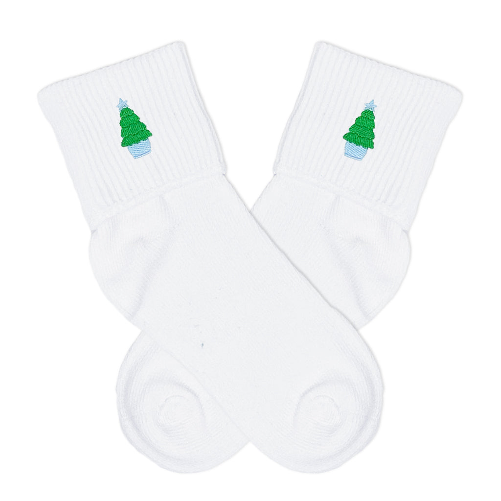 Classic Christmas fold over socks for boys with embroidered Christmas tree, festive and fun