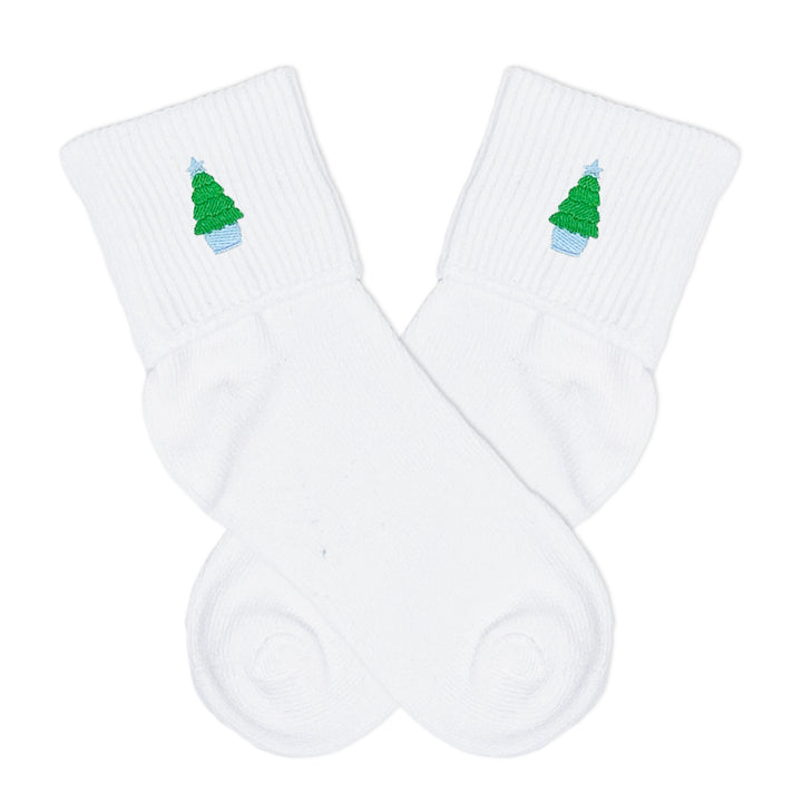 Classic Christmas fold over socks for boys with embroidered Christmas tree, festive and fun