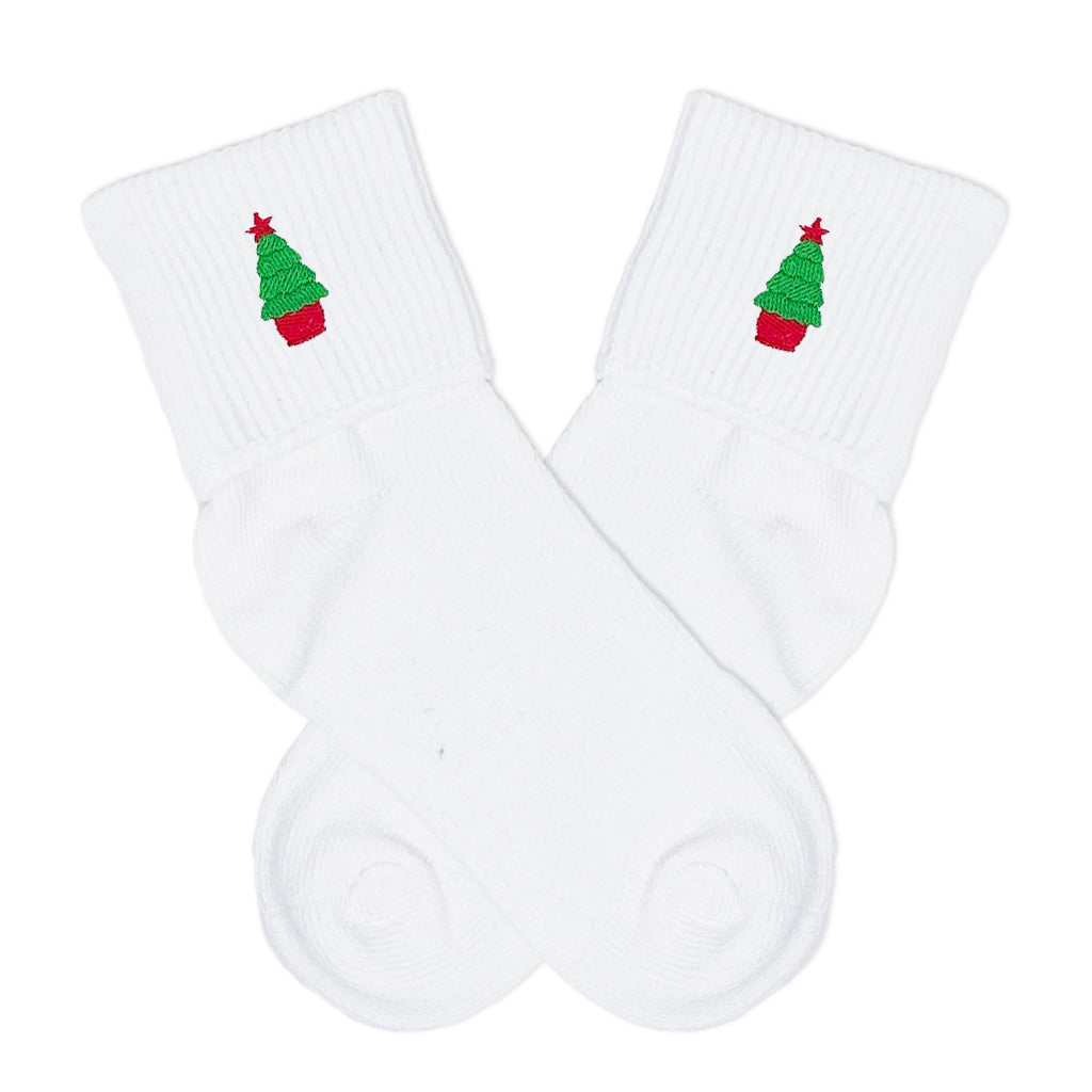 Holiday boys’ fold over socks with Christmas Tree embroidery, perfect for Christmas outfits.