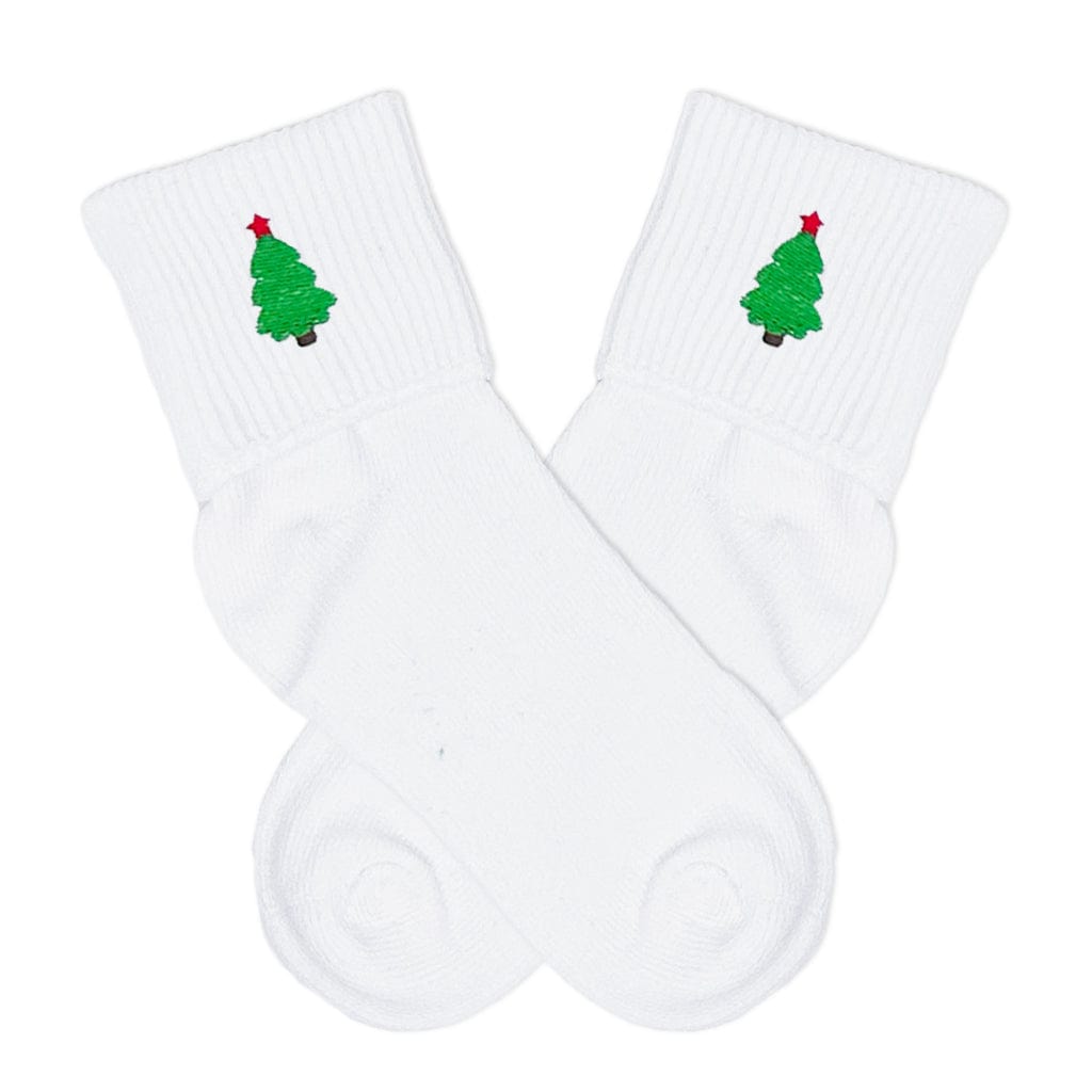 Kids White Fold Over Socks with Embroidered Christmas Trees