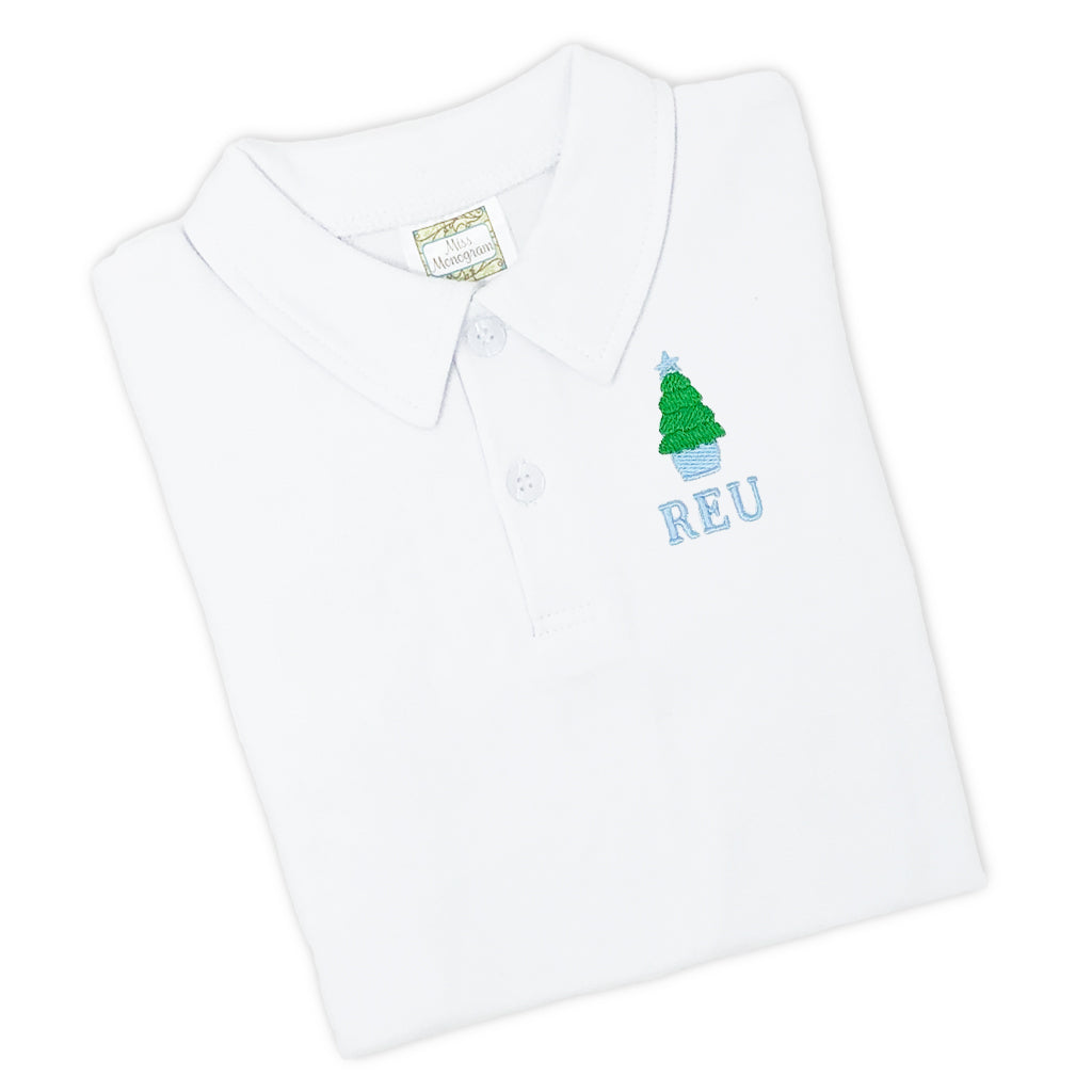 Classic holiday polo with festive details and personalized embroidery for Christmas events