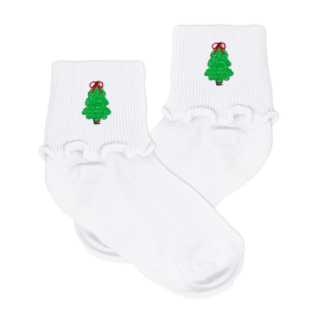 Girls White Ruffle Socks with Embroidered Christmas Trees