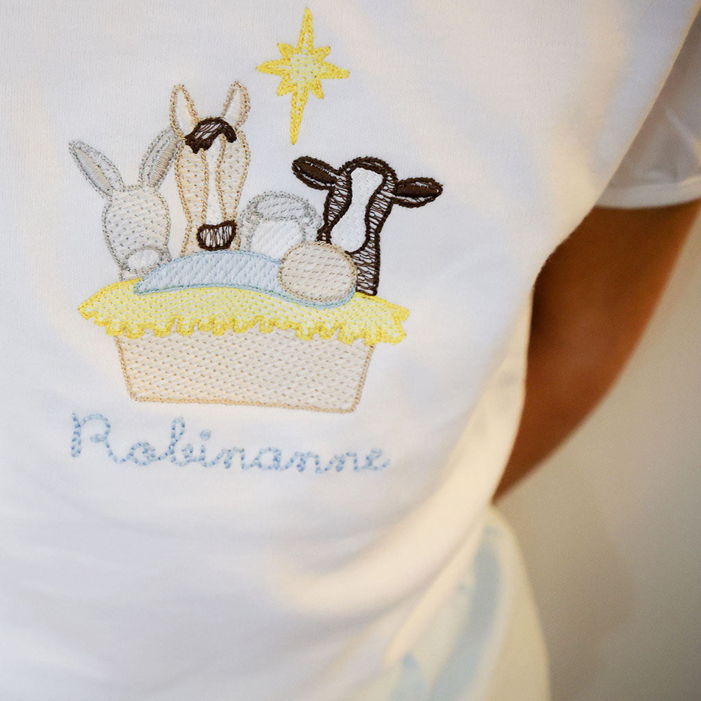 Classic Christmas Manger Nativity Scene Tee for girls with embroidered monogram, a holiday favorite