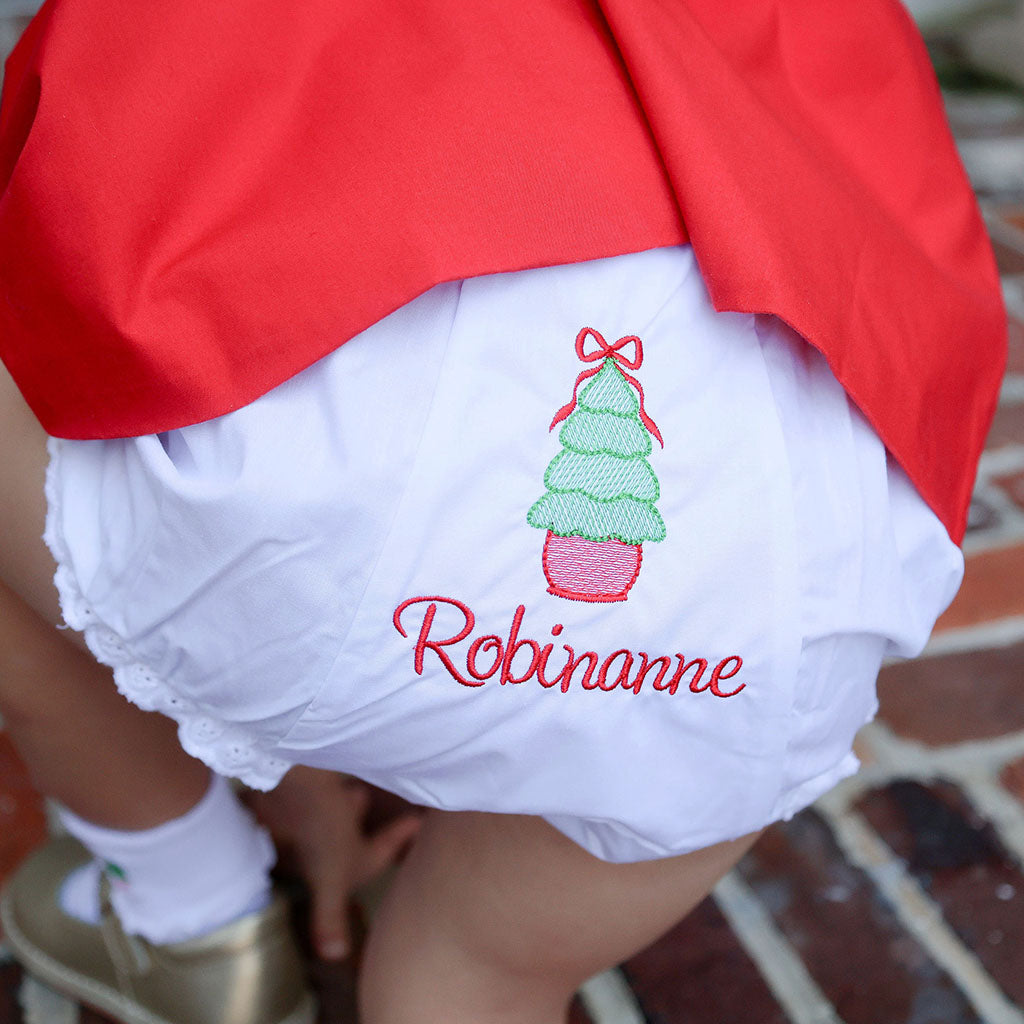 Personalized bloomers with festive holiday embroidery, a classic Christmas look