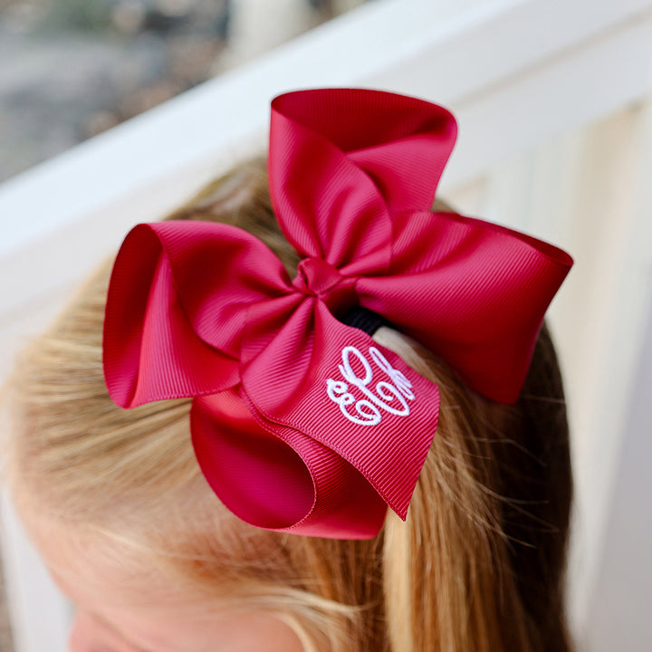 Crimson Maroon Hair Bow with White Monogram