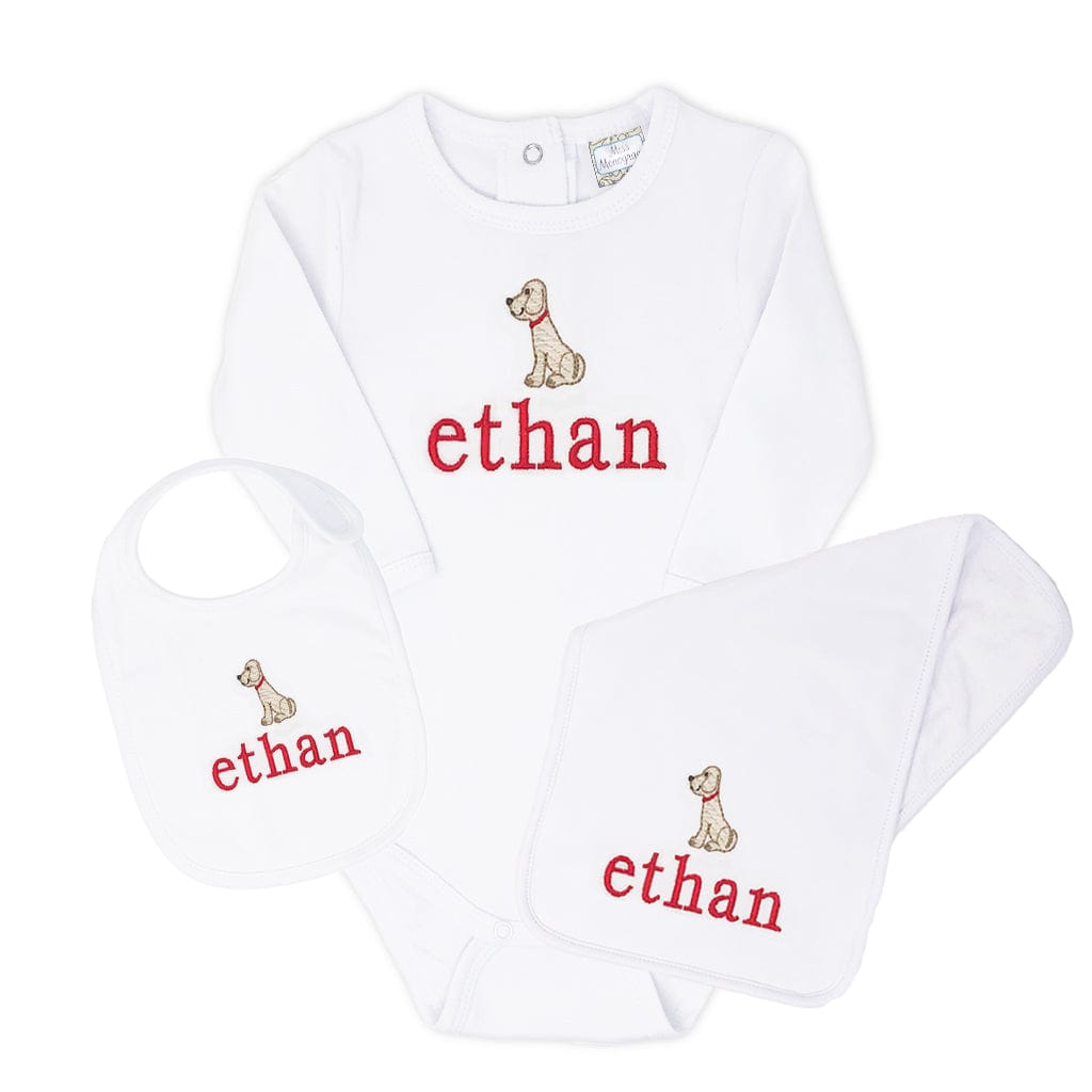 Dog bodysuit, bib, & burp cloth set for boy, Ethan