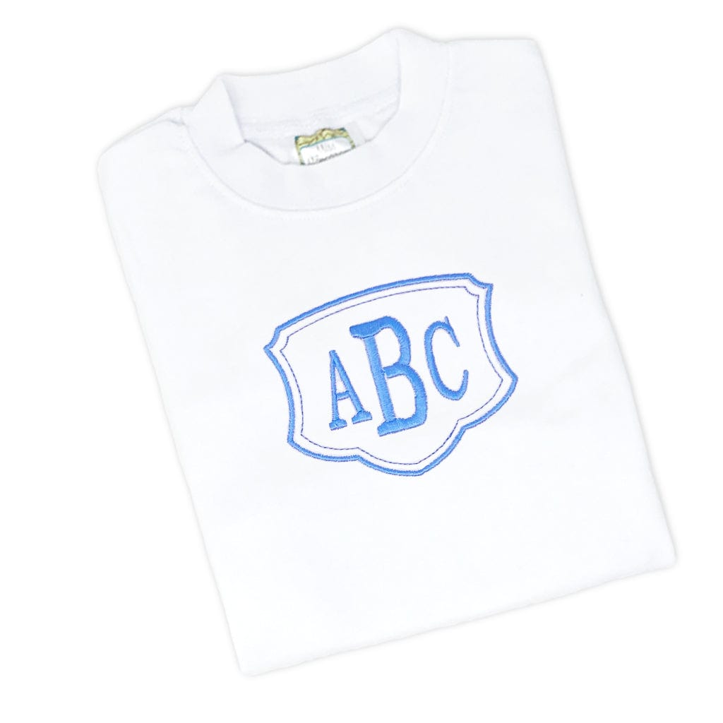 Boys White Tee Shirt with blue monogram and frame