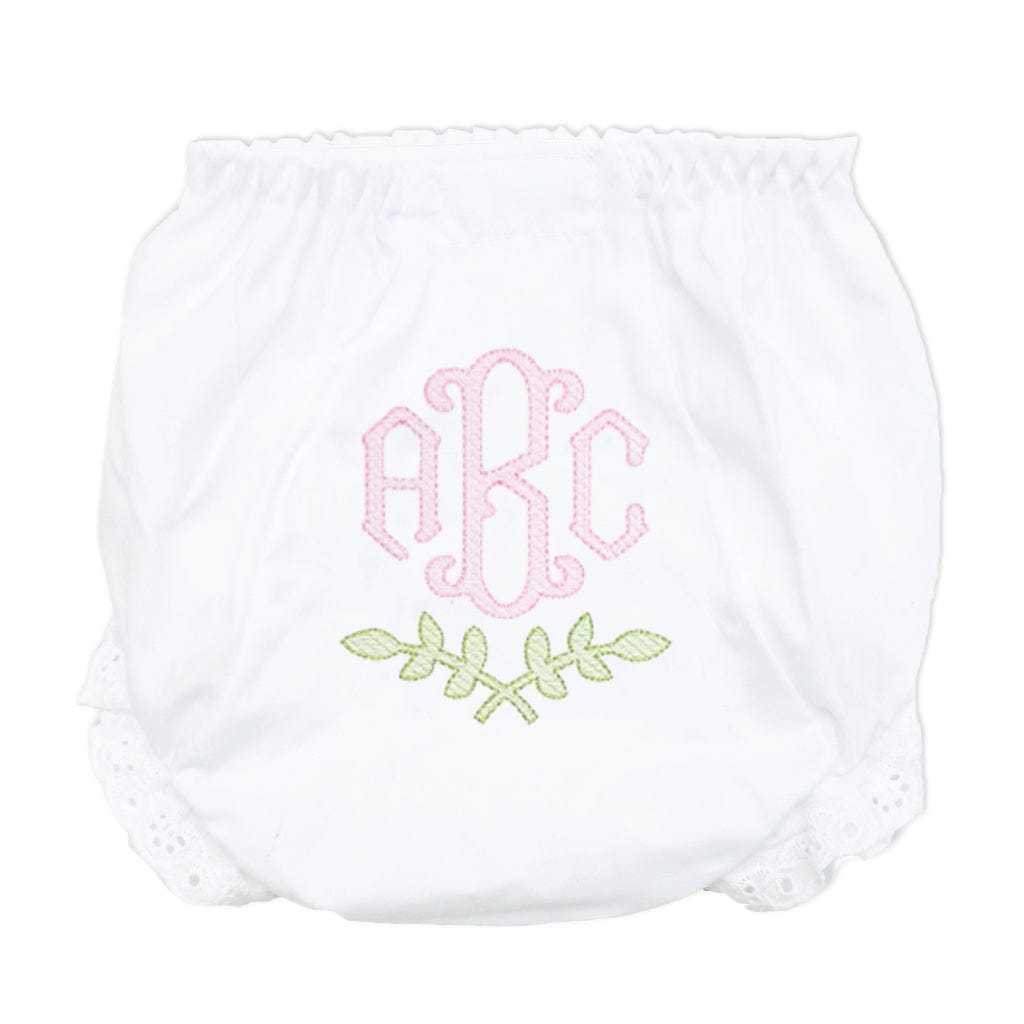 Personalized baby bloomers with pink monogram and green laurel