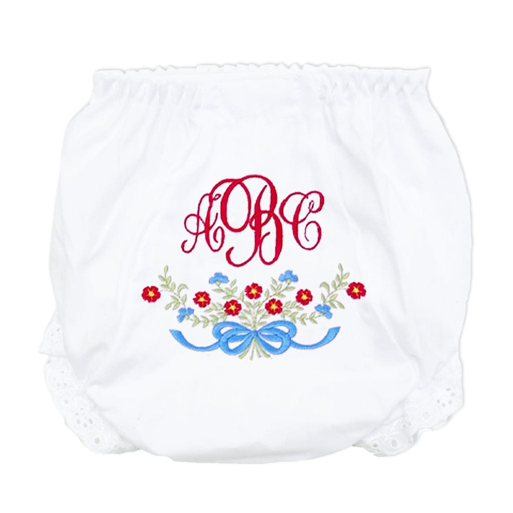 Bloomers with red and blue flowers bow and monogram