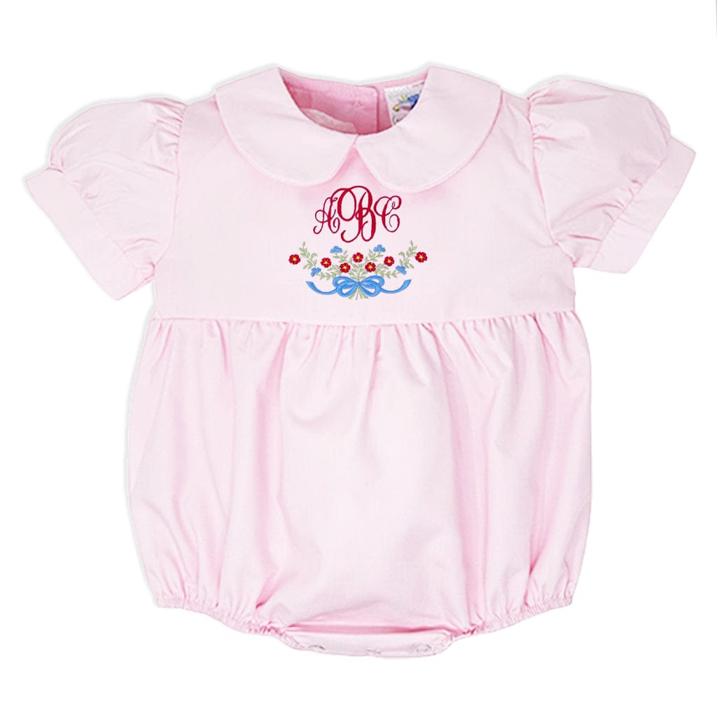 Pink Baby Bubble with Floral Embroidery and Red Monogram