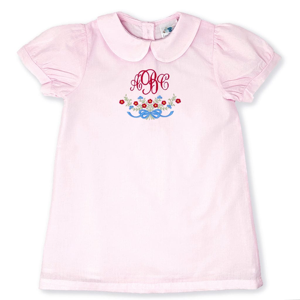 Pink Dress with Floral Embroidery and Red Monogram