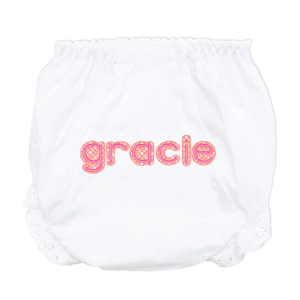 Personalized bloomers with orange and hot pink gingham letters
