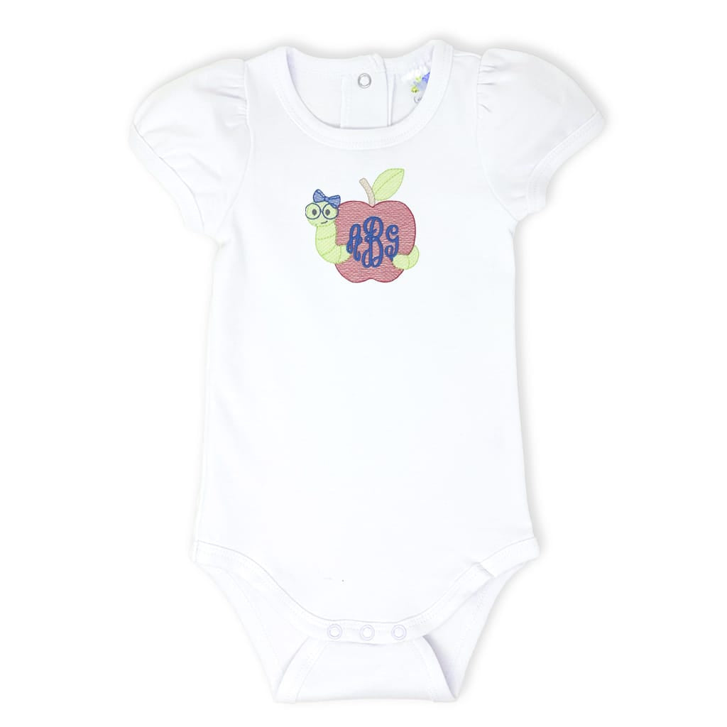 Girls white bodysuit with embroidered bookworm design and monogram