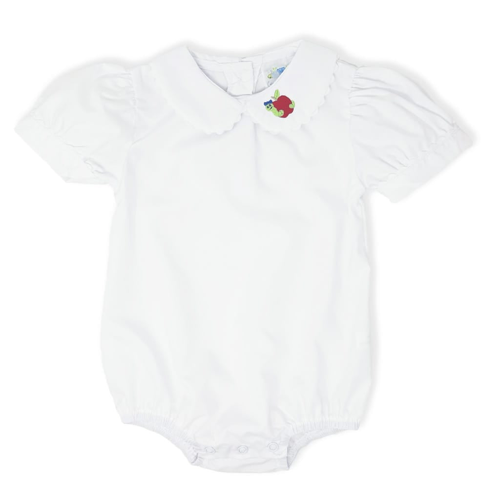 Girls white peter pan bodysuit with embroidered bookworm design