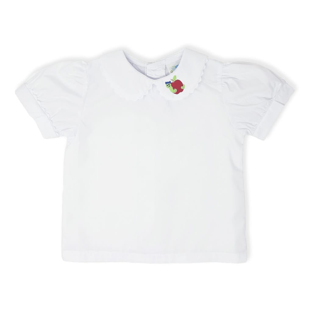 Girls white peter pan collar shirt with embroidered bookworm design