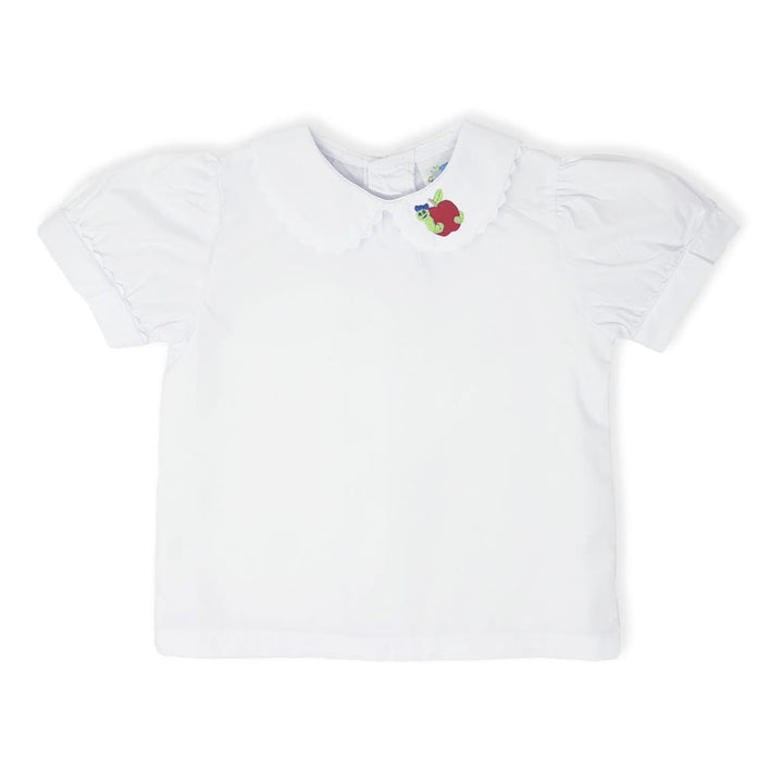 Girls white peter pan collar shirt with embroidered bookworm design