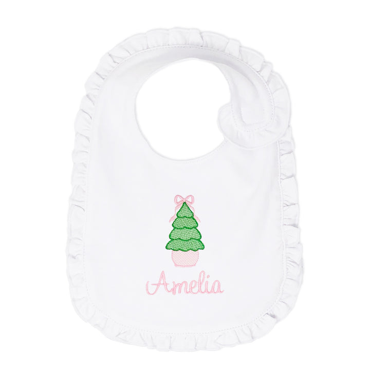 Embroidered pink holiday bib for girls with monogram, perfect for Christmas dinners.