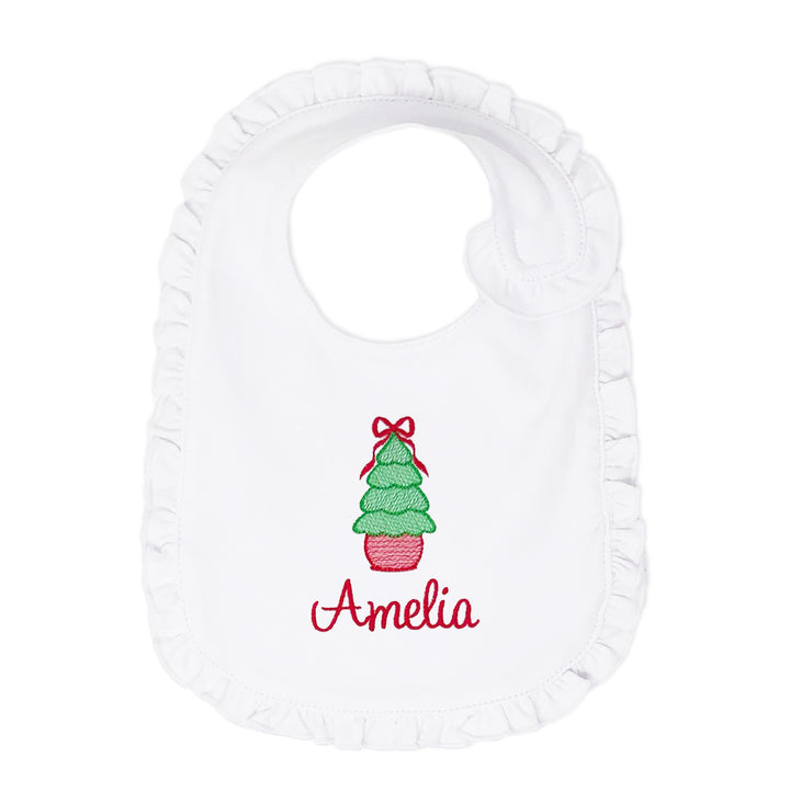 Classic girls' holiday bib with embroidered Christmas tree and monogram