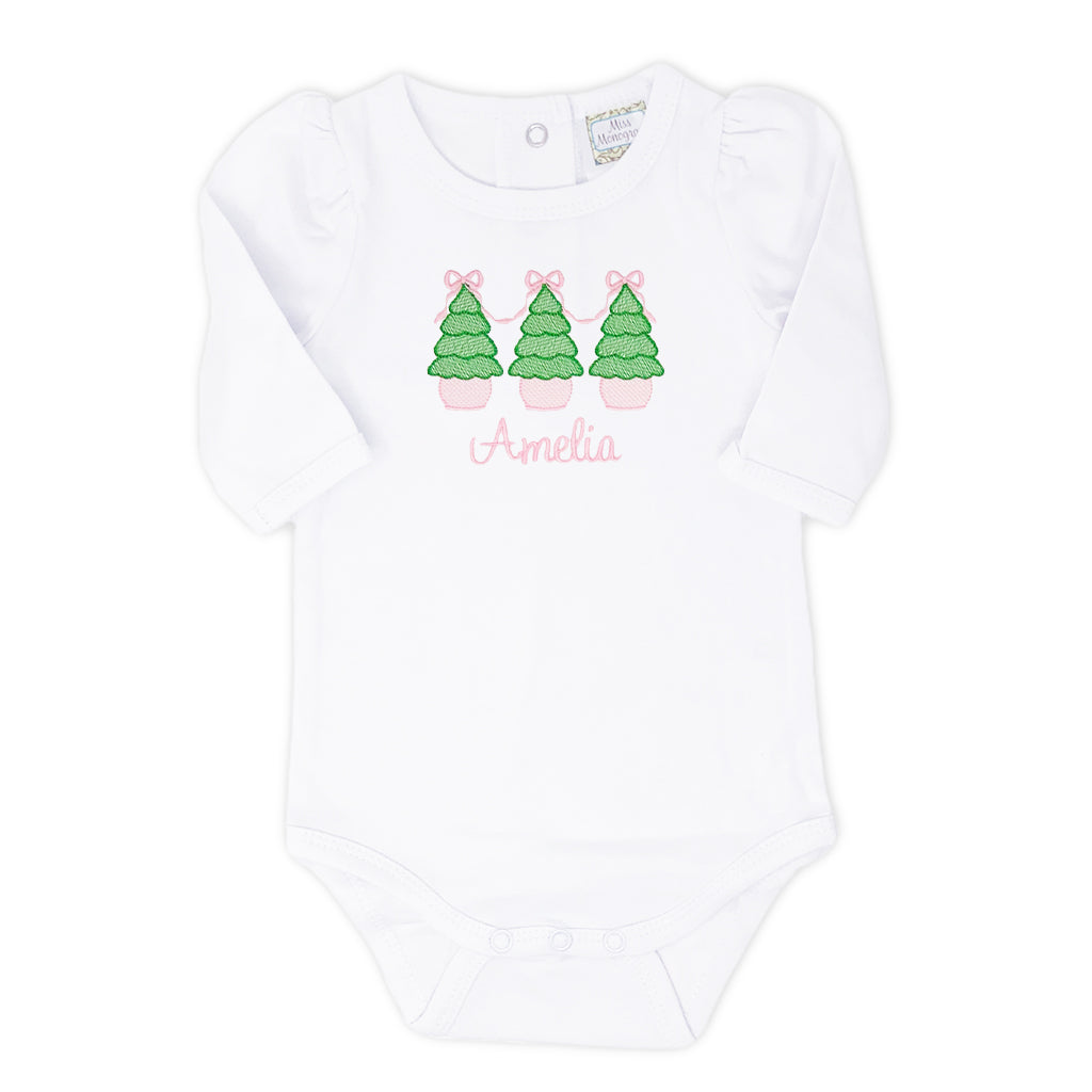 Christmas onesie with a classic trees embroidered monogram for baby's first holiday season