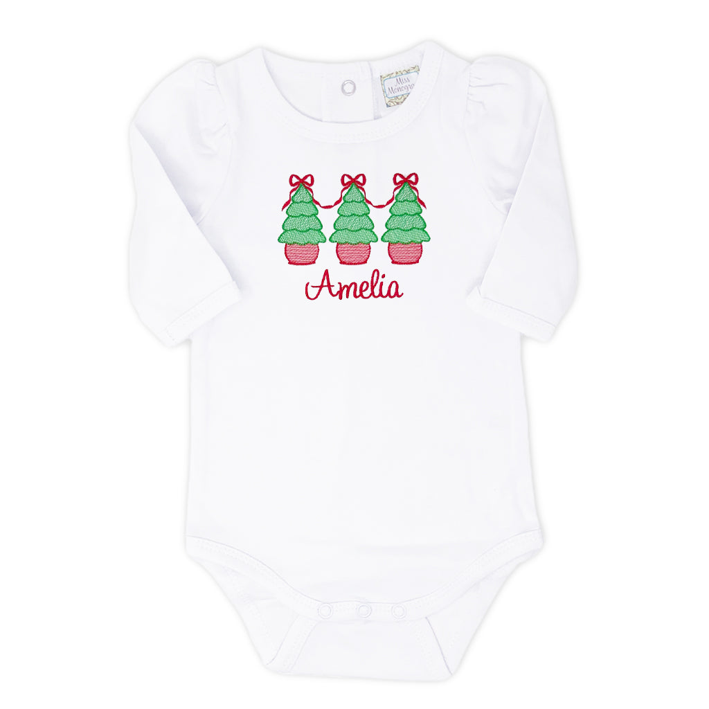 Girls Preppy Christmas onesie with monogram and embroidered holiday tree design