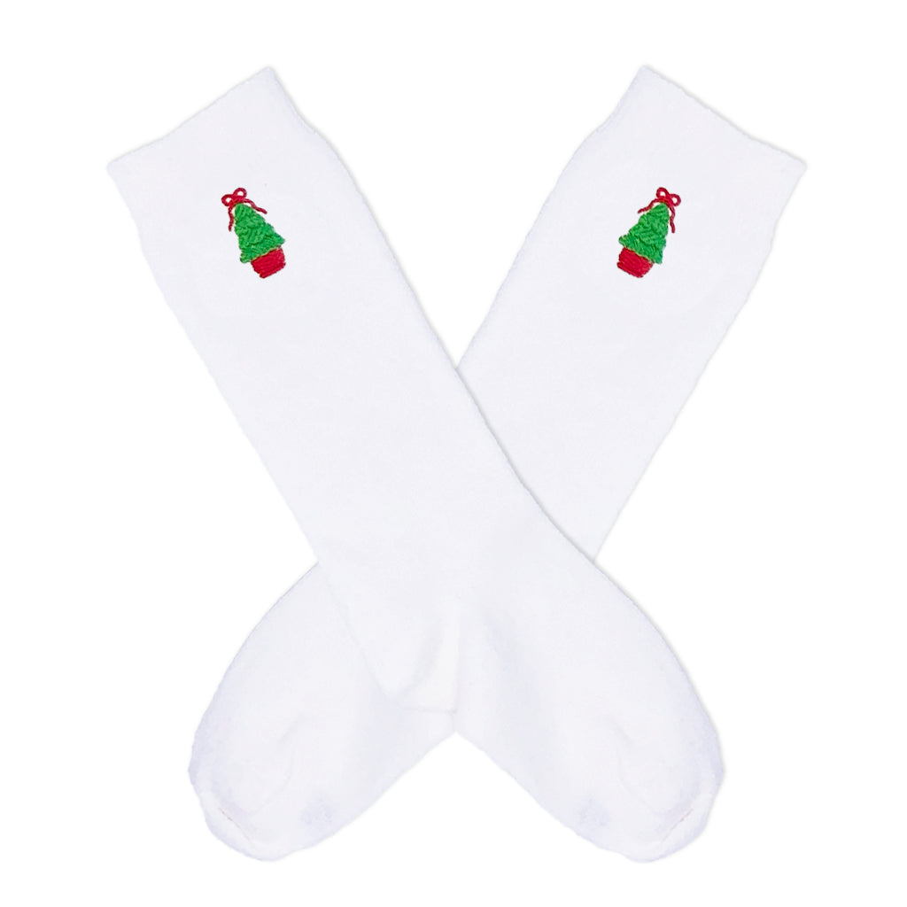 Holiday-themed girls’ knee socks with tree embroidery for Christmas.