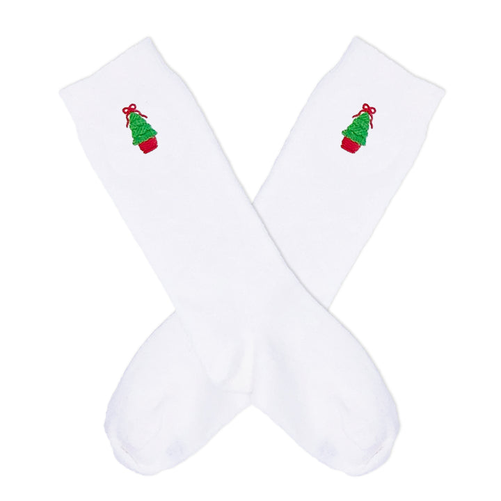 Holiday-themed girls’ knee socks with tree embroidery for Christmas.