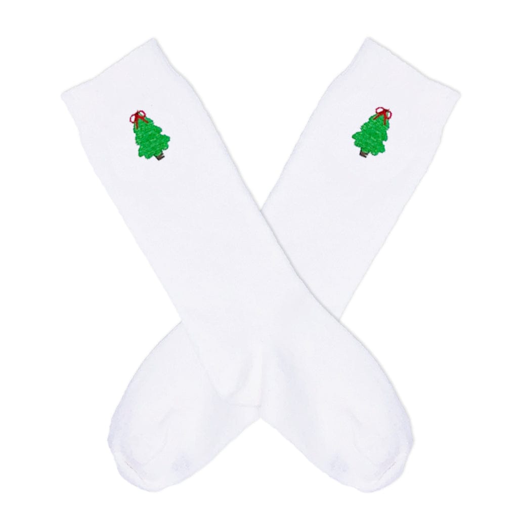 Girls White Knee Socks with Christmas Tree Embroidery