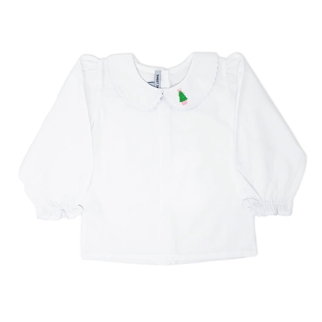 Girls' Peter Pan collar shirt with embroidered holiday tree details.