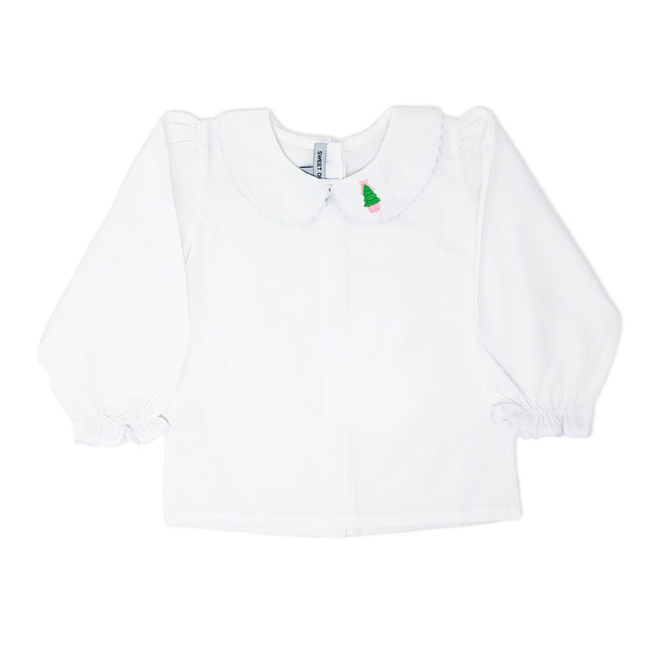 Girls' Peter Pan collar shirt with embroidered holiday tree details.