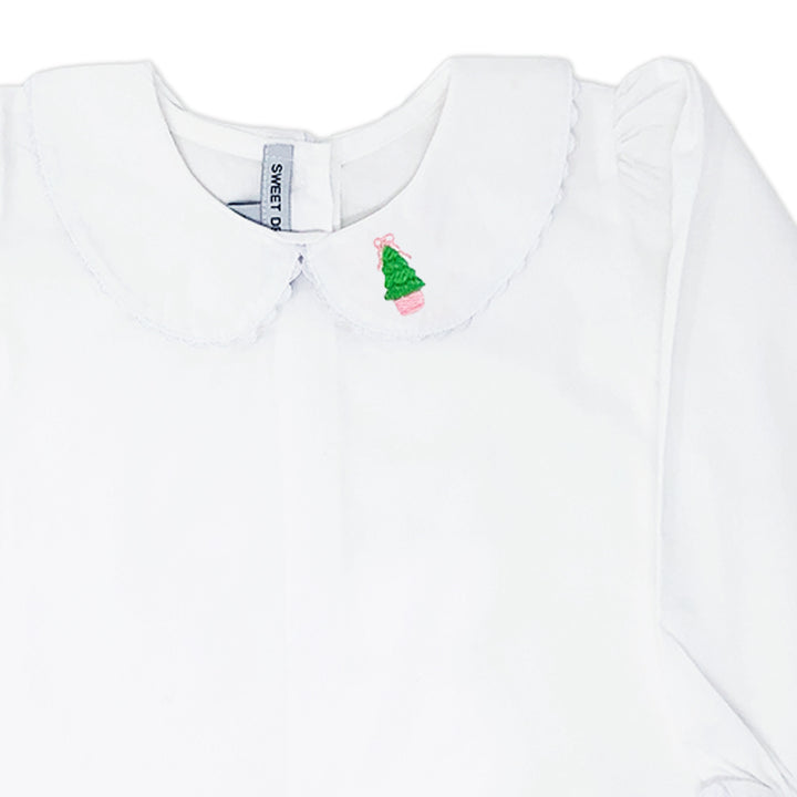 Classic girls' ruffle Peter Pan collar shirt with embroidered Christmas tree for Christmas gatherings.