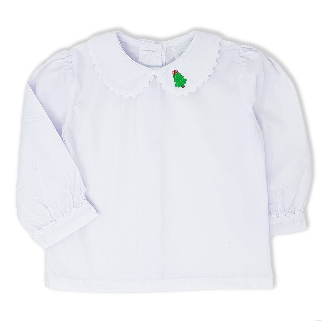 Girls Peter Pan Collar Shirt with Embroidered Christmas Tree