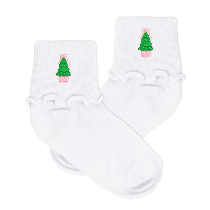 Festive Christmas socks for girls with embroidered Christmas tree and holiday colors.