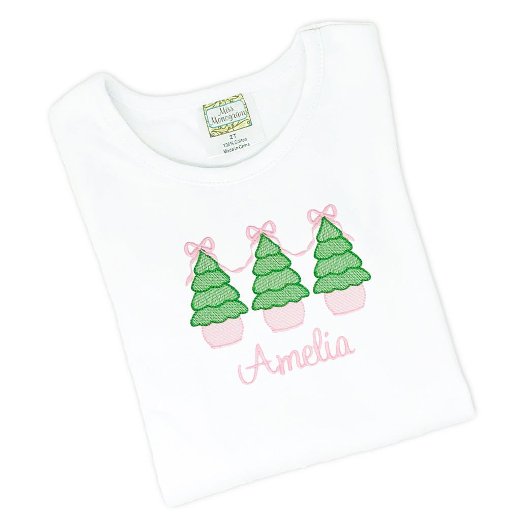 Holiday-themed girls' tee with Christmas tree embroidery for a festive look.