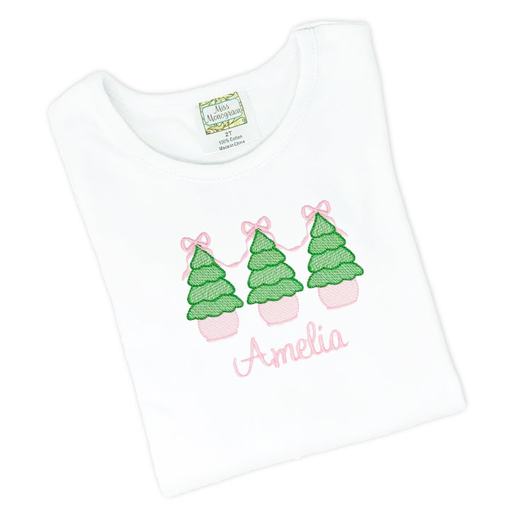 Holiday-themed girls' tee with Christmas tree embroidery for a festive look.