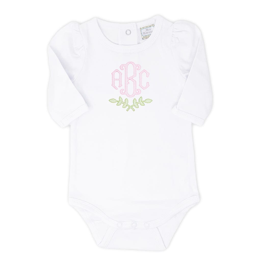 Girls Monogrammed Bodysuit with Pink Fishtail Font and Green Laurel design