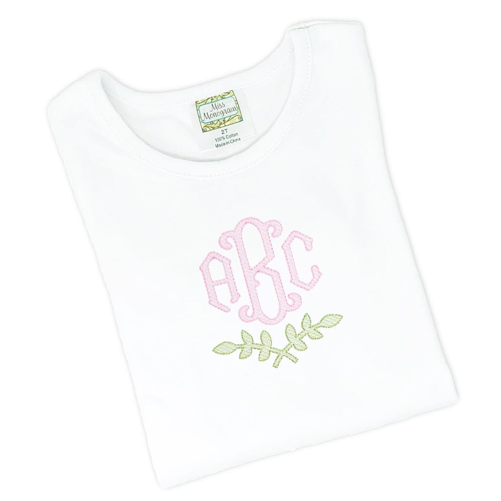 Girls White Monogrammed T Shirt with Fishtail Font and Green Laurel Design