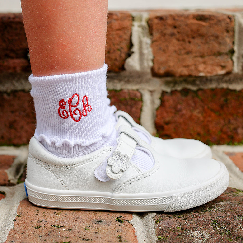 Girls Monogrammed Fold Over Ripple Socks