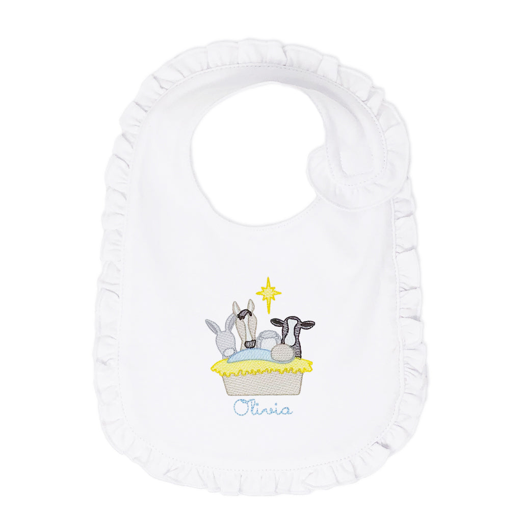 Girls' Christmas bib with personalized nativity scene embroidery, festive and fun