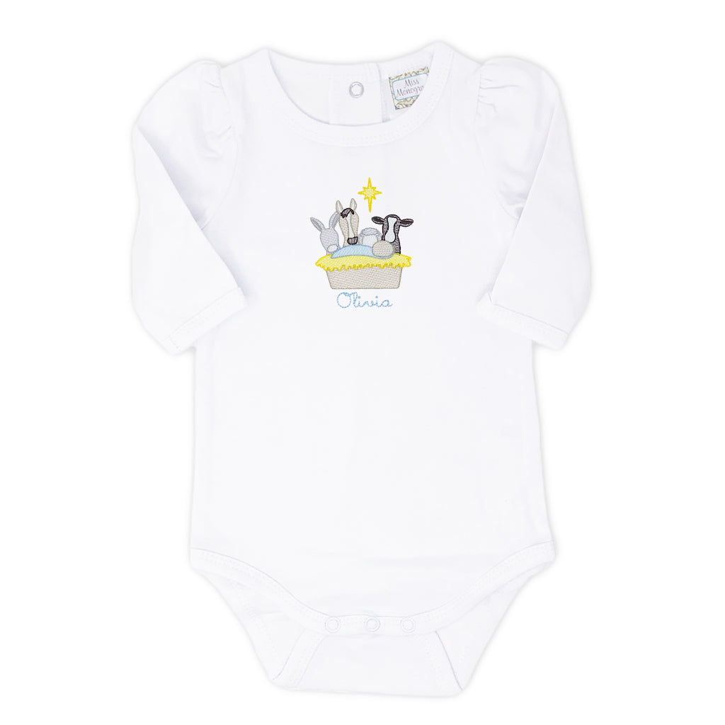 Personalized nativity onesie for baby girl, a first Christmas holiday favorite.