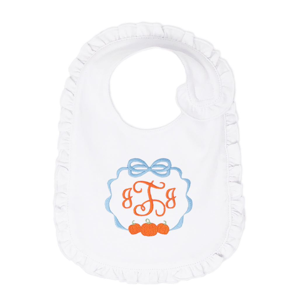 Fall baby girl bib with classic embroidered pumpkins and monogram