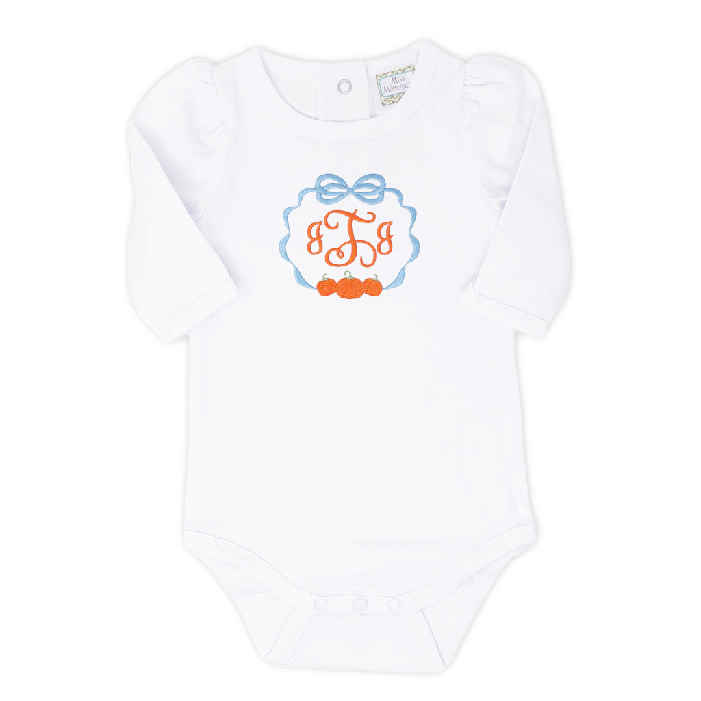 Classic baby girl onesie with embroidered pumpkins and monogram for fall