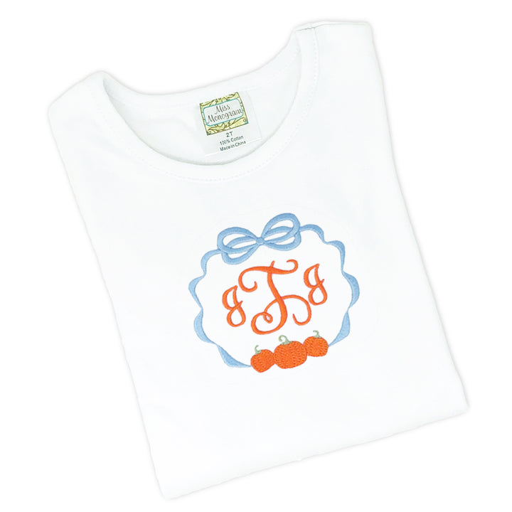 Thanksgiving girl's tee shirt with embroidered pumpkins and personalized monogram