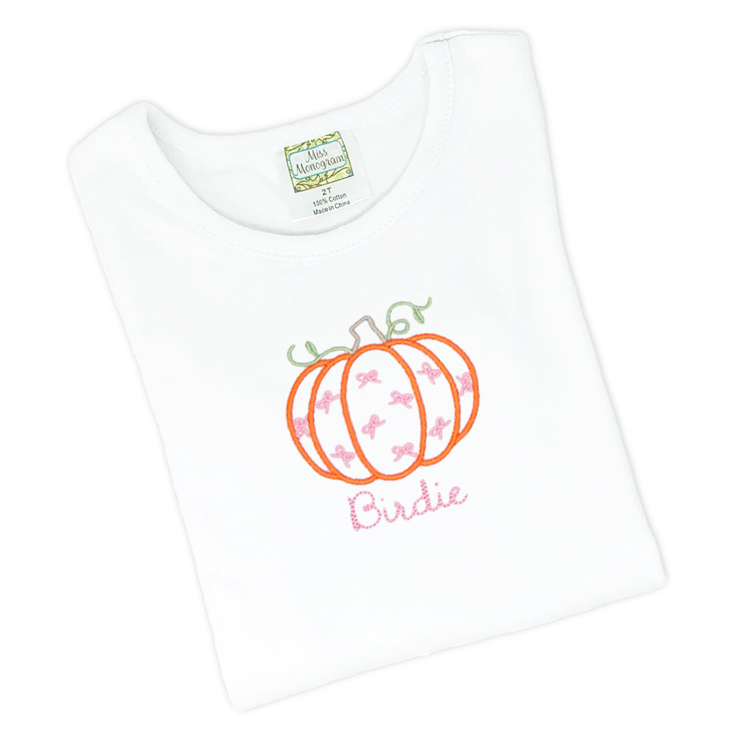 Classic pumpkin girl's tee shirt with monogram and fall-themed embroidery pumpkin patch