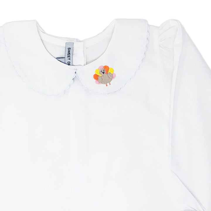 Personalized girl's Peter Pan Collar shirt with classic turkey embroidery for thanksgiving