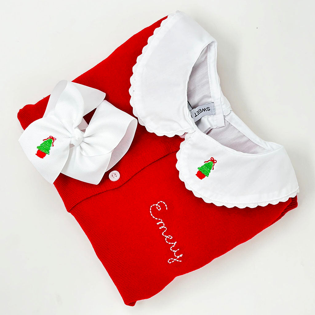 Embroidered holiday bow with monogram, ideal for Christmas outfits with classic red