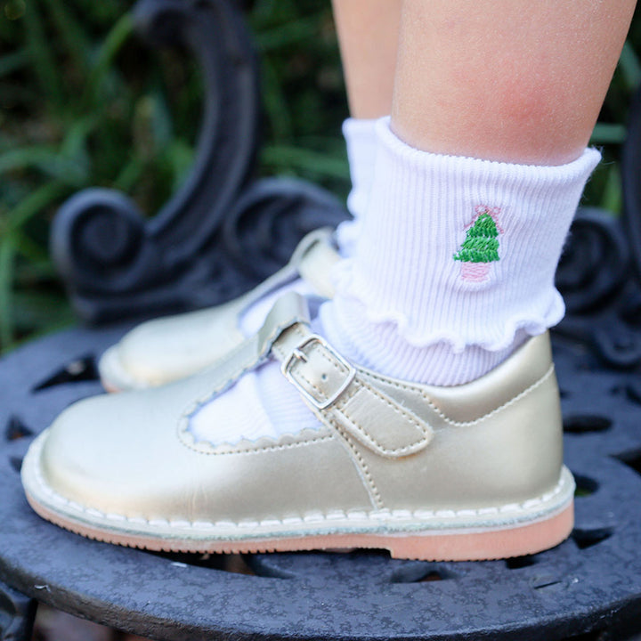 Girls' socks with Christmas tree embroidery, a preppy holiday look.