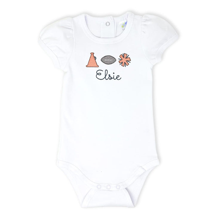 Baby girl football bodysuit with an embroidered name stitched in team colors